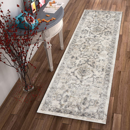 8'X10' Ivory Machine Woven Distressed Floral Traditional Indoor Area Rug