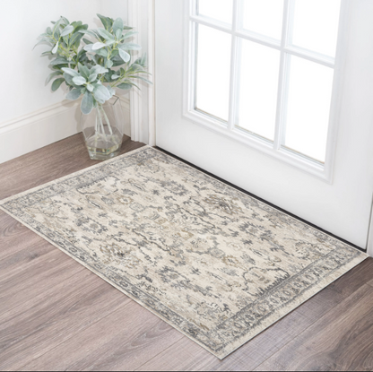 8'X10' Ivory Machine Woven Distressed Floral Traditional Indoor Area Rug