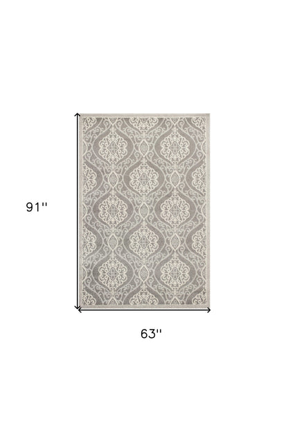 7'X10' Silver Grey Machine Woven Uv Treated Floral Ogee Indoor Outdoor Area Rug