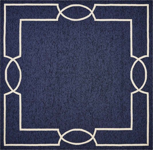 7' X 10' Blue And Ivory Geometric Hand Hooked Area Rug