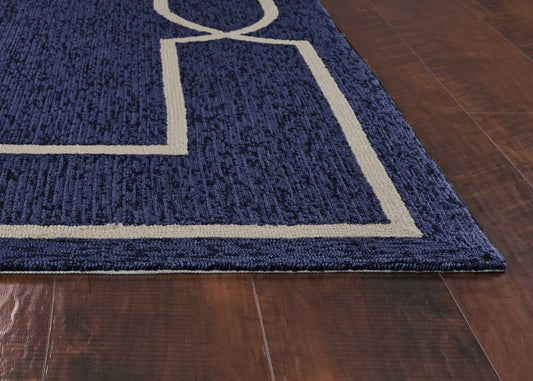 7' X 10' Blue And Ivory Geometric Hand Hooked Area Rug