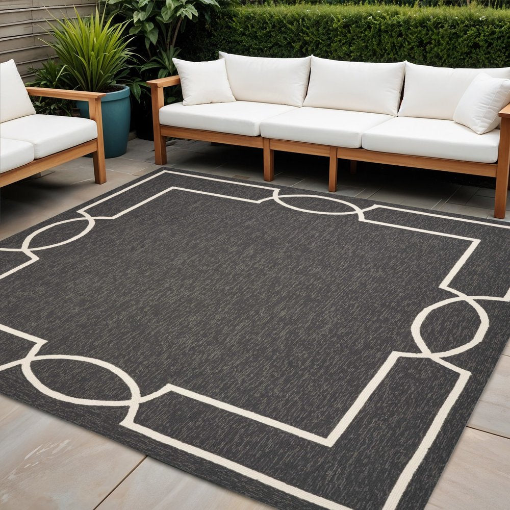 7' Onyx And White Square Geometric Handmade Indoor Outdoor Area Rug HomeRoots