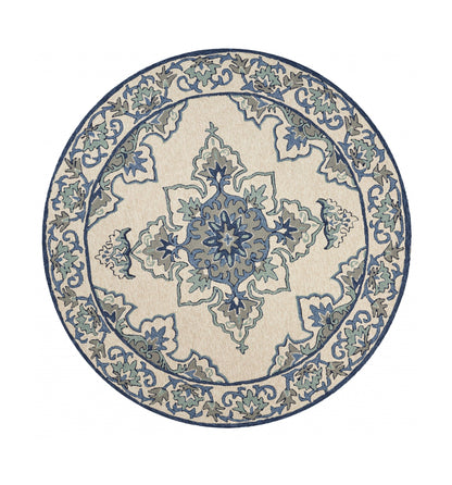 8'X10' Ivory Blue Hand Hooked Uv Treated Floral Medallion Indoor Outdoor Area Rug