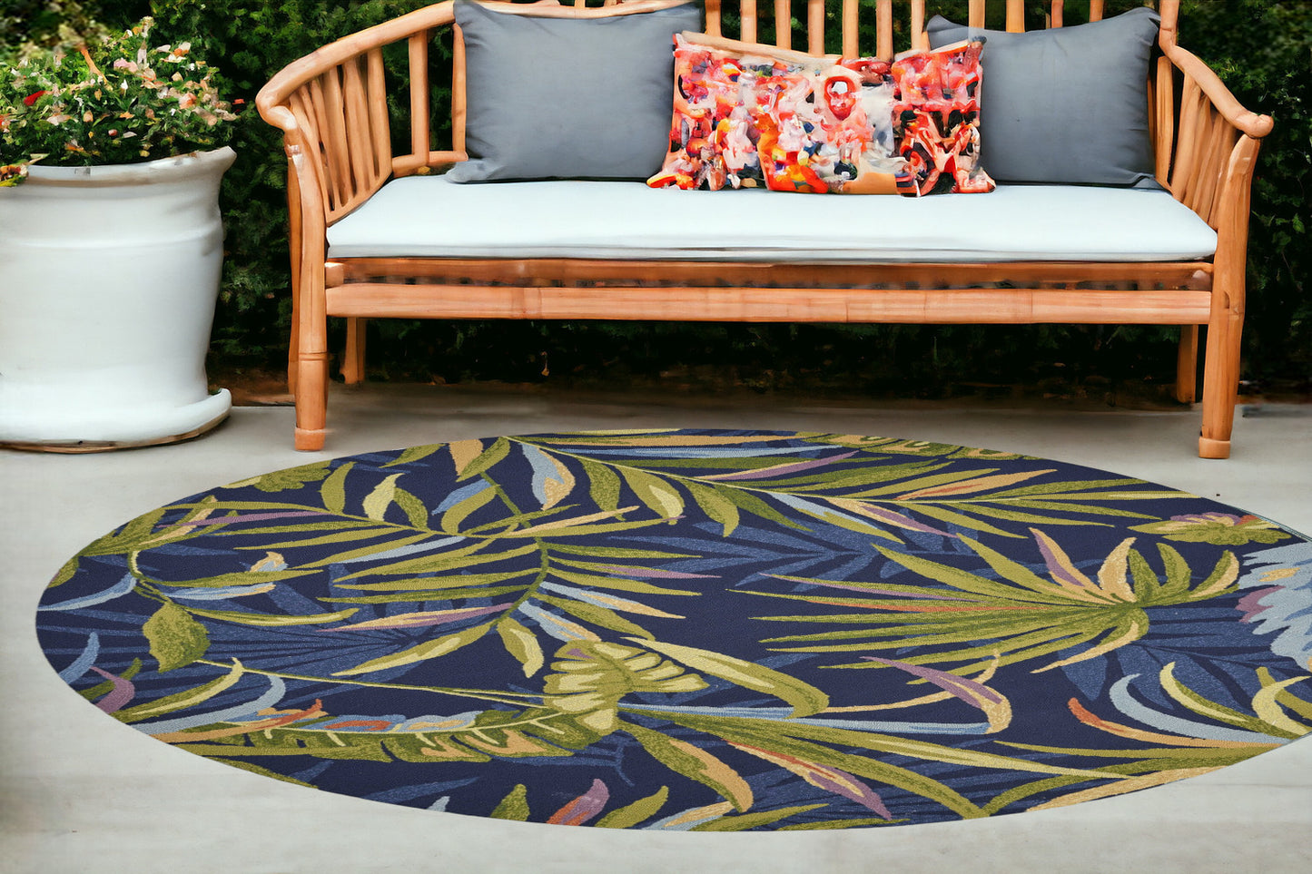 5' X 7' Ink Blue Tropical Leaves Uv Treated Indoor Outdoor Area Rug