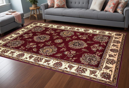 Red And Ivory Octagon Floral Vines Area Rug