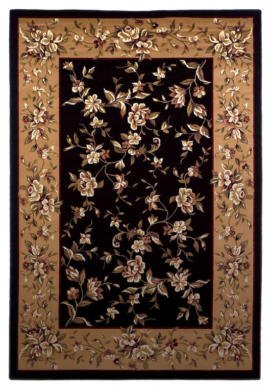 5' X 8' Black Beige Machine Woven Floral Vines Indoor Area Rug