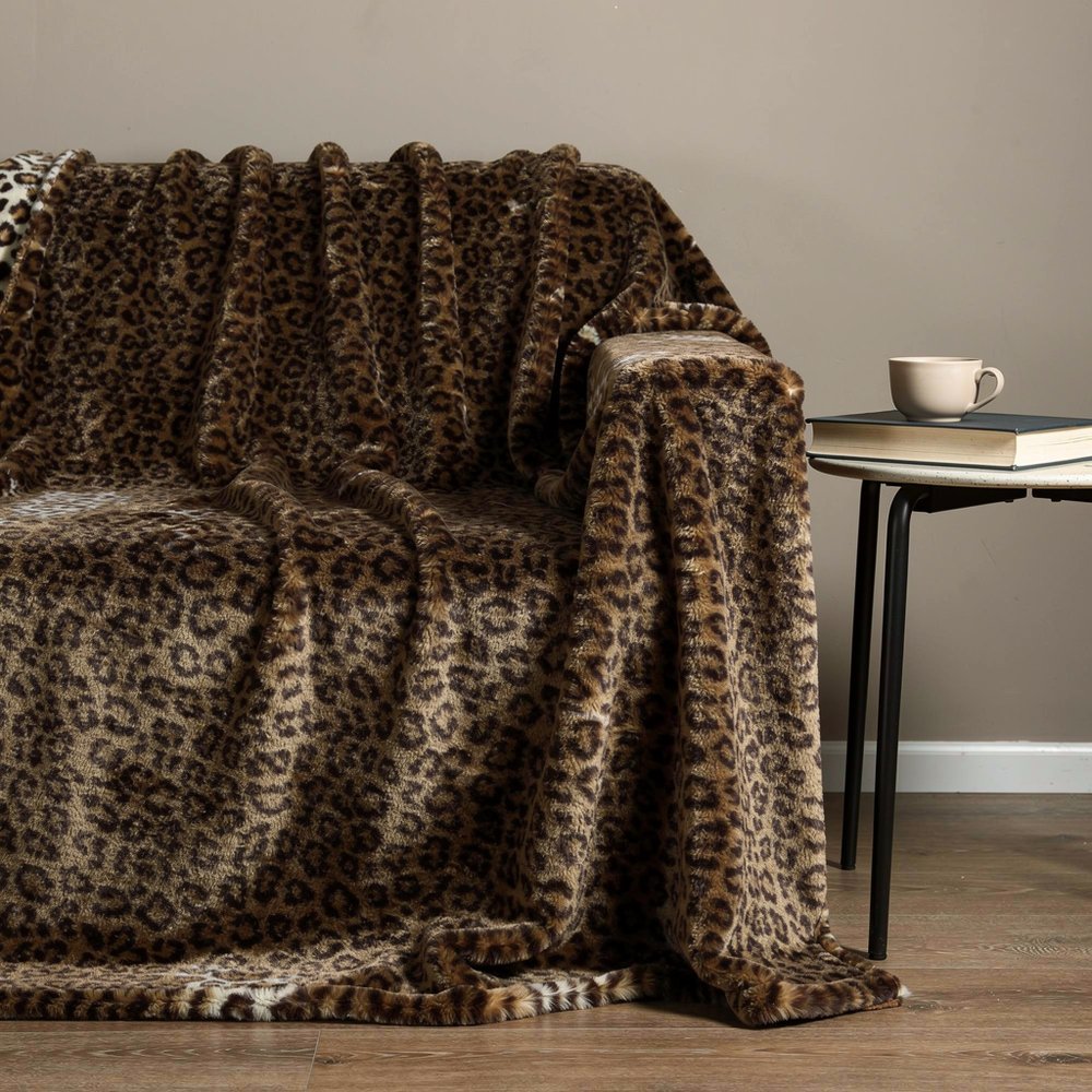 50" X 60" Brown and Black Faux Fur Leopard Plush Throw Blanket HomeRoots
