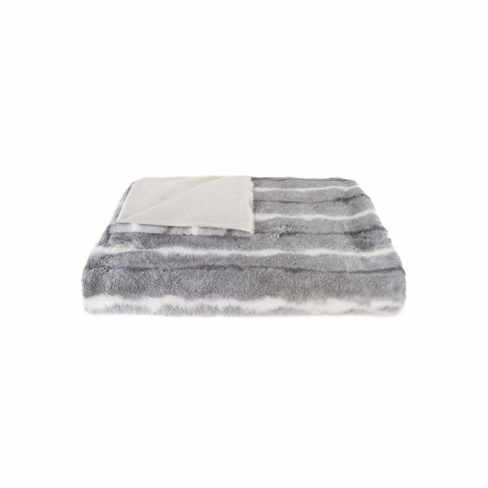 50" X 70" Gray and White Faux Fur Striped Plush Throw Blanket HomeRoots