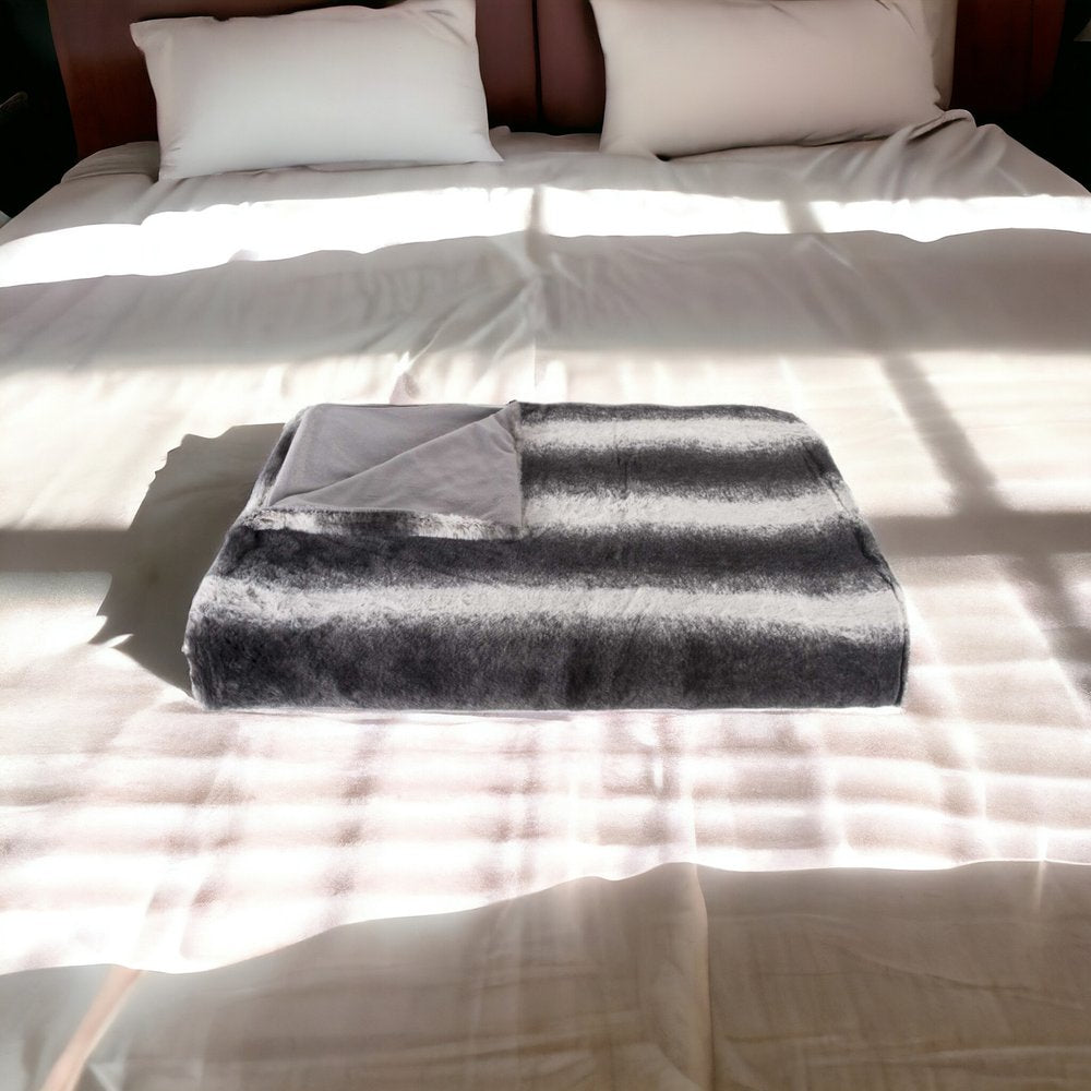 50" X 70" Gray and White Faux Fur Striped Plush Throw Blanket HomeRoots