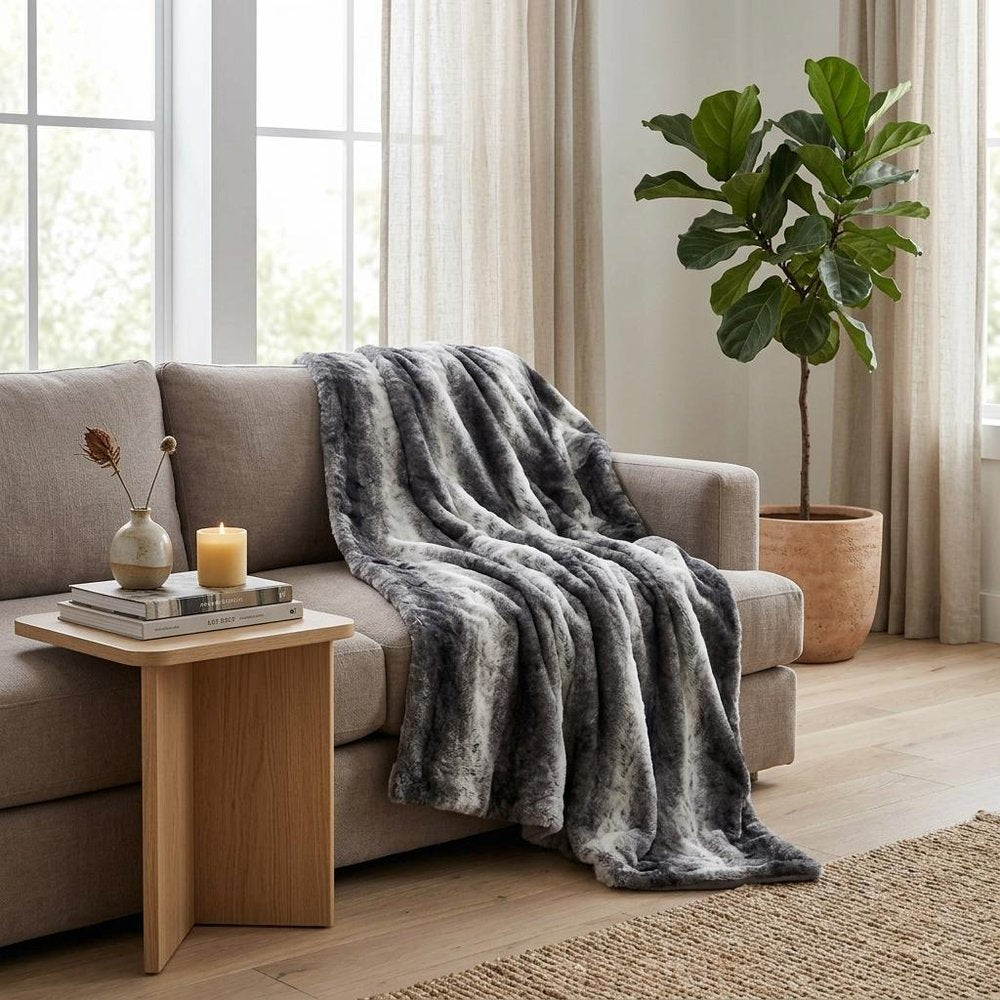 50" X 70" Gray and White Faux Fur Striped Plush Throw Blanket HomeRoots