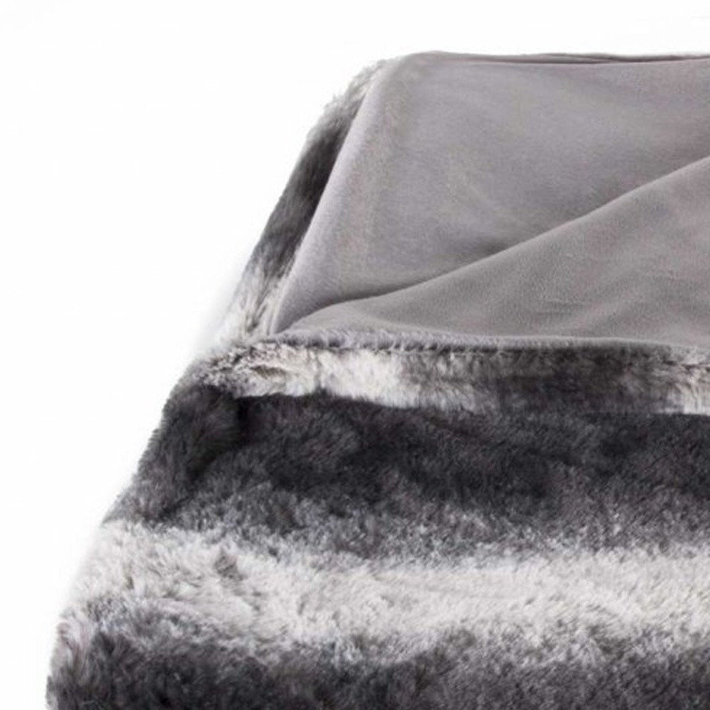 50" X 70" Gray and White Faux Fur Striped Plush Throw Blanket HomeRoots