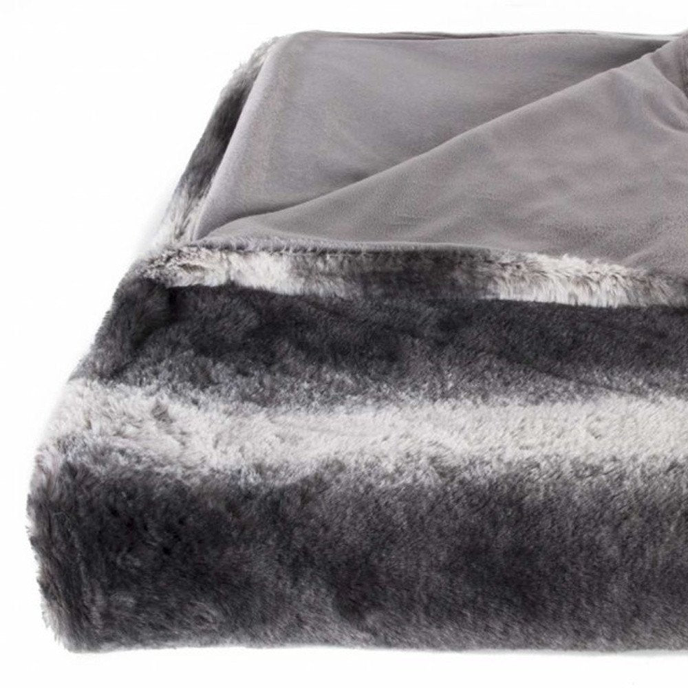 50" X 70" Gray and White Faux Fur Striped Plush Throw Blanket HomeRoots