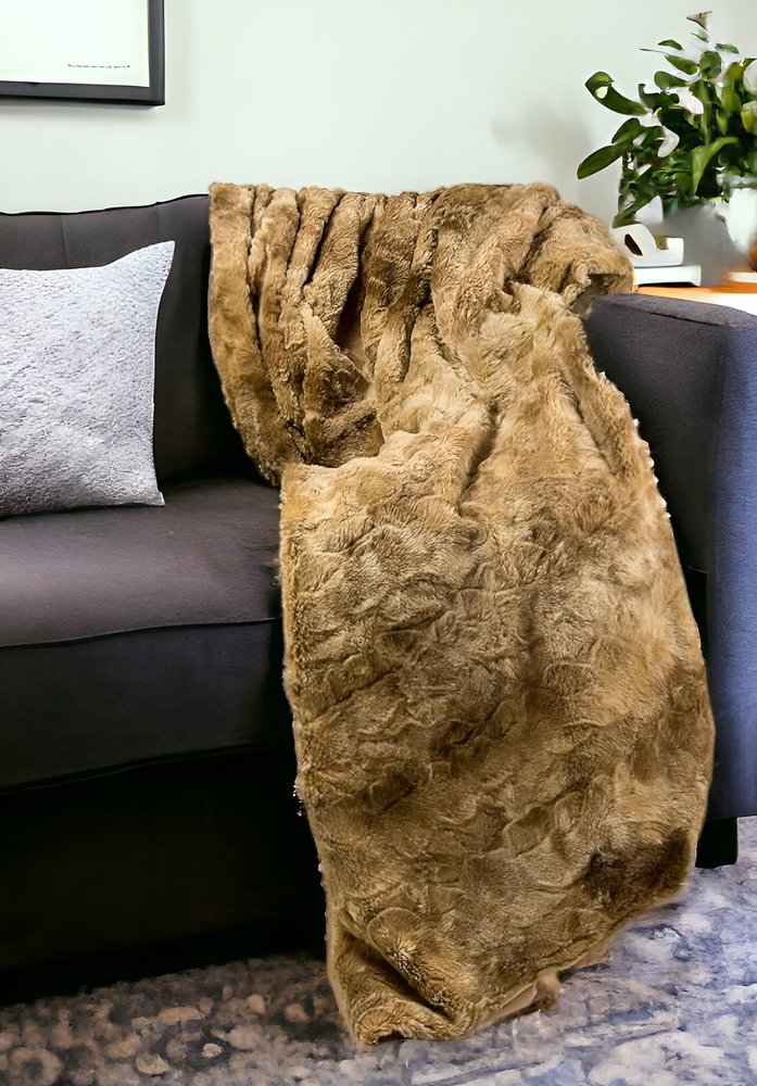 50" X 70" Taupe and Ivory Faux Fur Plush Throw Blanket HomeRoots
