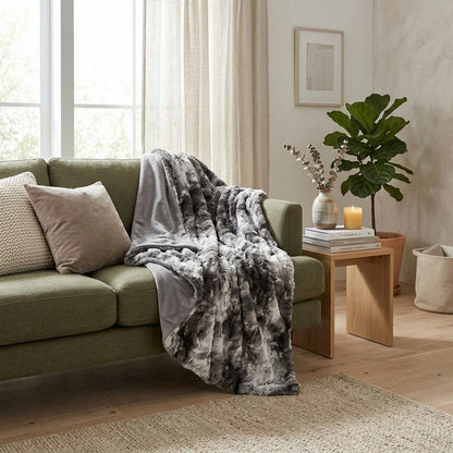 50" X 70" Dark Gray and Ivory Faux Fur Plush Throw Blanket HomeRoots