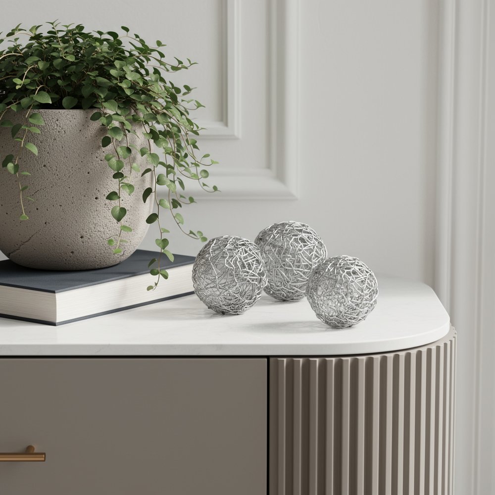 Set of Three Silver Wire 3" Decorative Orbs HomeRoots