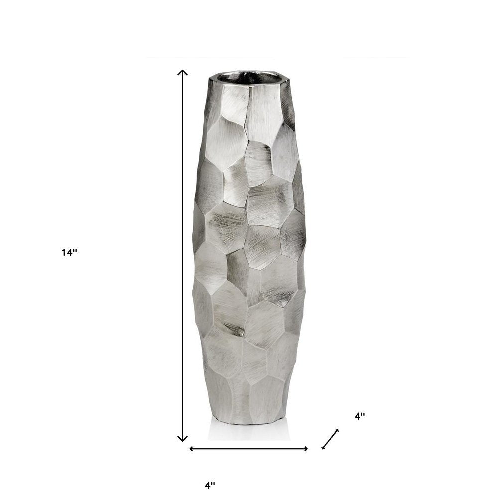 14" Aluminum Silver Faceted Geometric Cylinder Table Vase HomeRoots