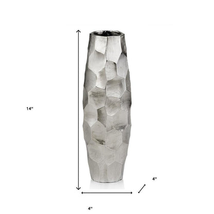 14" Aluminum Silver Faceted Geometric Cylinder Table Vase HomeRoots
