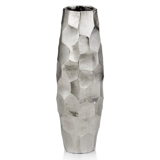 14" Aluminum Silver Faceted Geometric Cylinder Table Vase HomeRoots