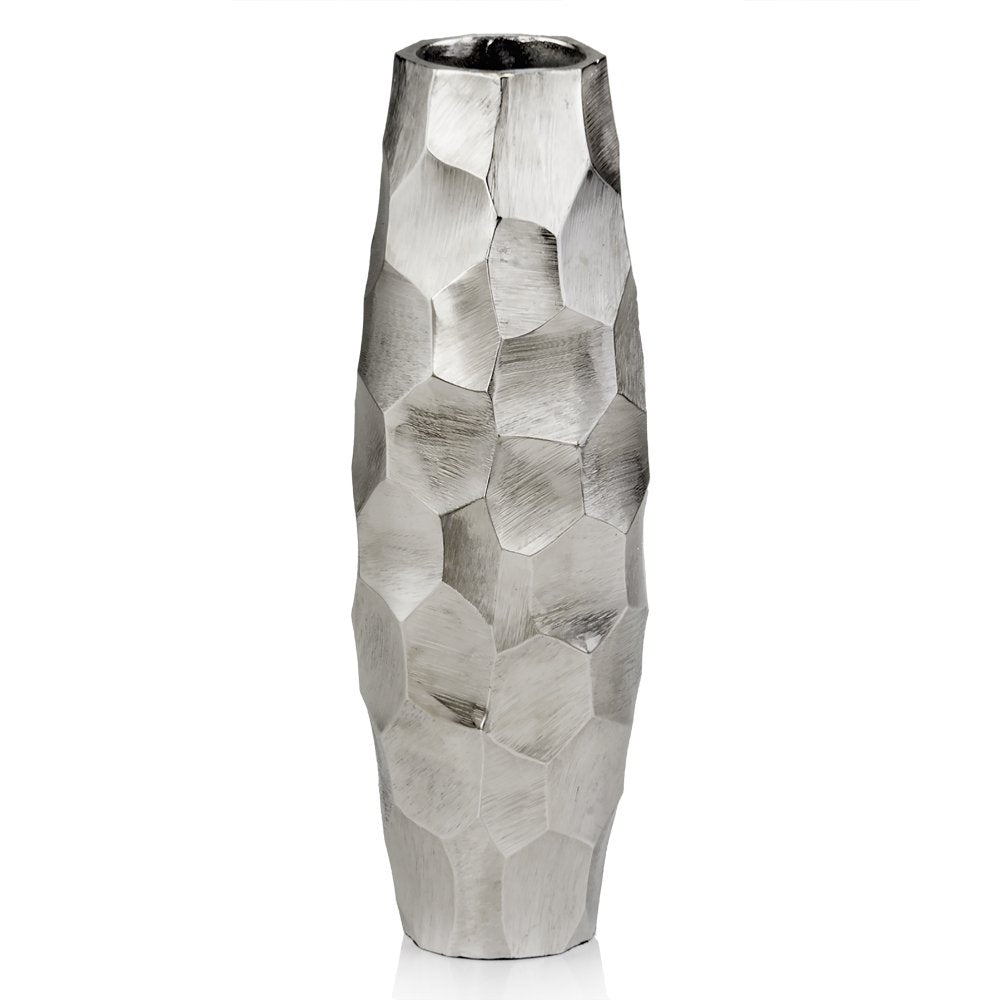 14" Aluminum Silver Faceted Geometric Cylinder Table Vase HomeRoots