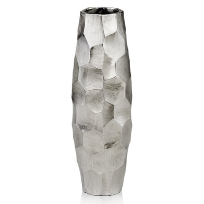 14" Aluminum Silver Faceted Geometric Cylinder Table Vase HomeRoots