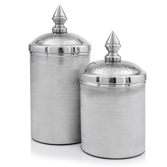 Set of Two Silver Aluminum Tweed Decorative Canisters HomeRoots