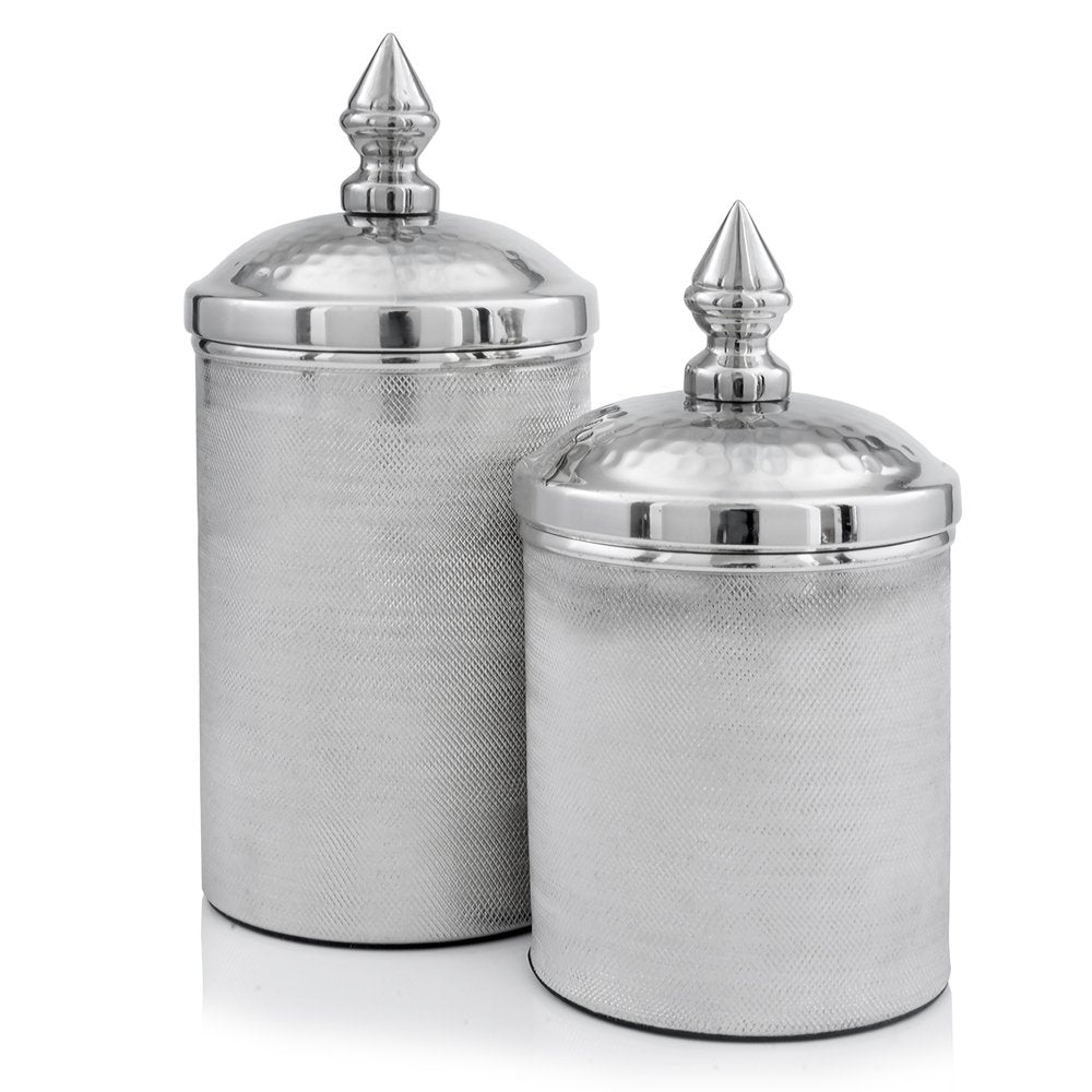 Set of Two Silver Aluminum Tweed Decorative Canisters HomeRoots
