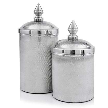 Set of Two Silver Aluminum Tweed Decorative Canisters HomeRoots