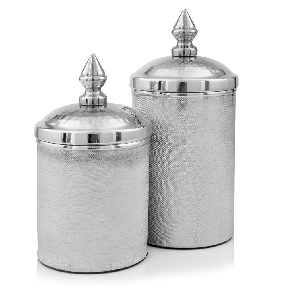 Set of Two Silver Aluminum Tweed Decorative Canisters HomeRoots