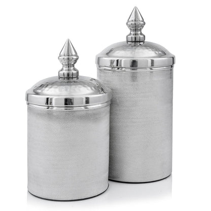 Set of Two Silver Aluminum Tweed Decorative Canisters HomeRoots