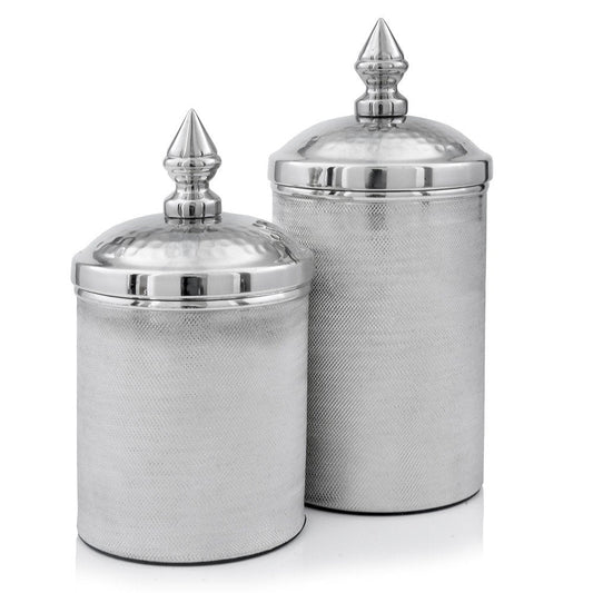Set of Two Silver Aluminum Tweed Decorative Canisters HomeRoots
