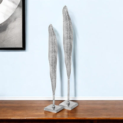 Set of Two Silver Aluminum Tall Feather Tabletop Sculptures HomeRoots