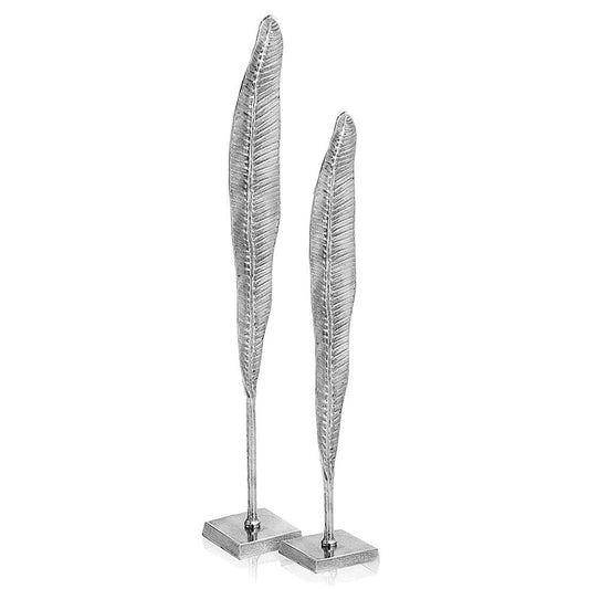 Set of Two Silver Aluminum Tall Feather Tabletop Sculptures HomeRoots