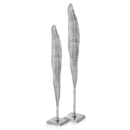 Set of Two Silver Aluminum Tall Feather Tabletop Sculptures HomeRoots