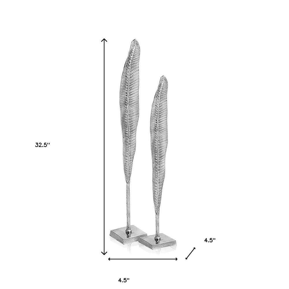 Set of Two Silver Aluminum Tall Feather Tabletop Sculptures HomeRoots