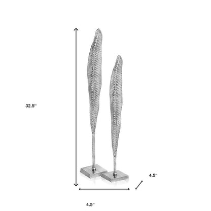 Set of Two Silver Aluminum Tall Feather Tabletop Sculptures HomeRoots