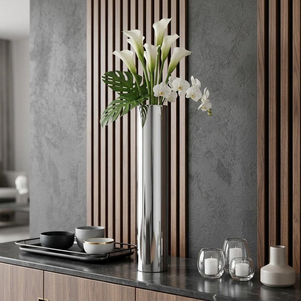40" Silver Aluminum Cylindrical Floor Vase HomeRoots