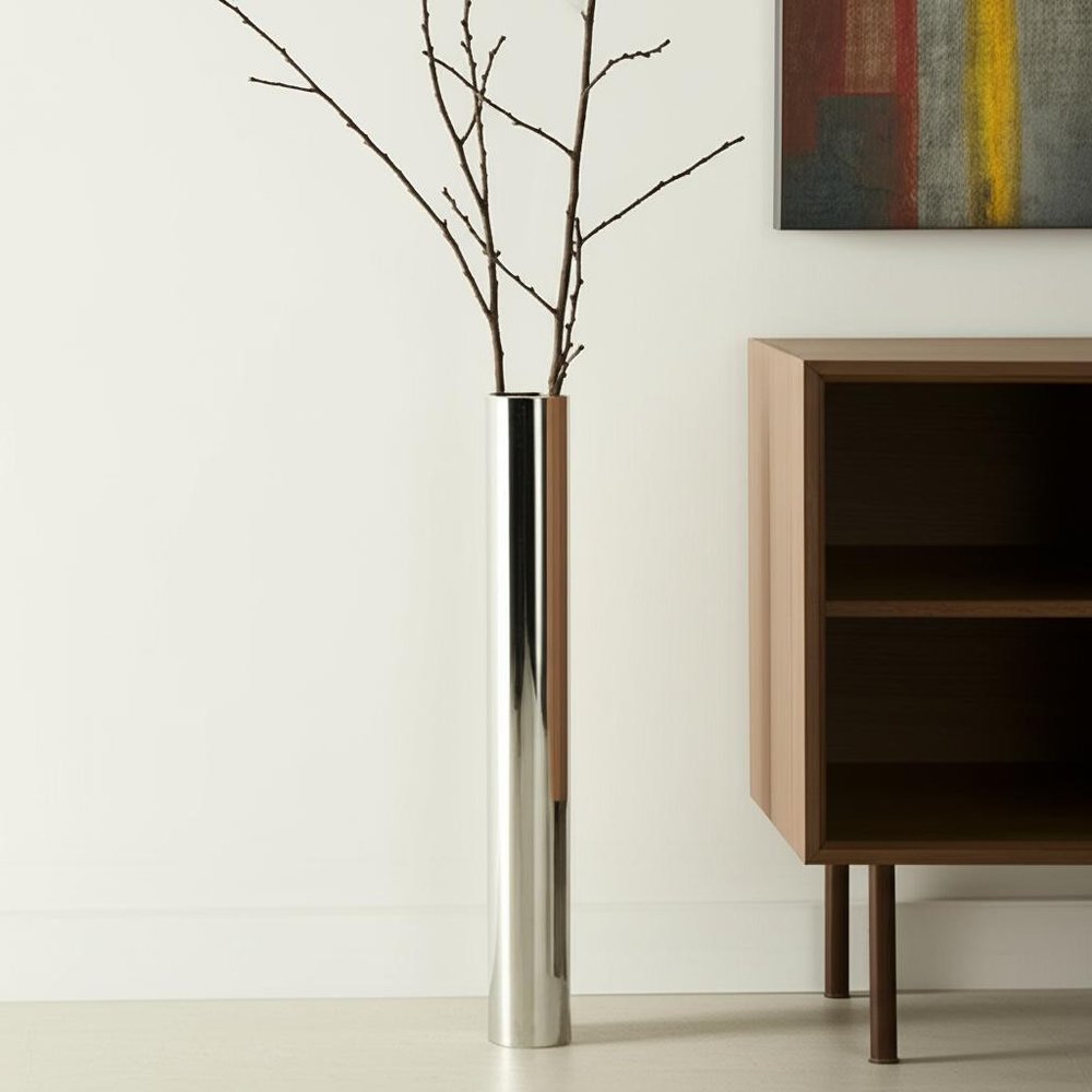 40" Silver Aluminum Cylindrical Floor Vase HomeRoots