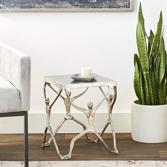 18" Silver And Antiqued White Aluminum Square End Table HomeRoots