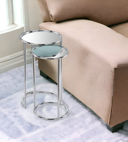 22" Silver Aluminum Round Mirrored End Table