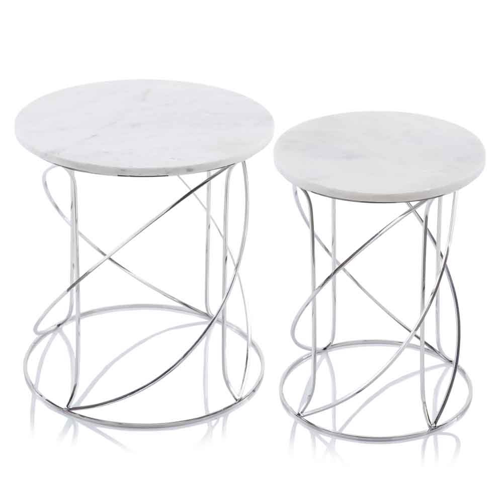 Set of Two White and Silver Marble and Metal Round Pedestal End Tables HomeRoots