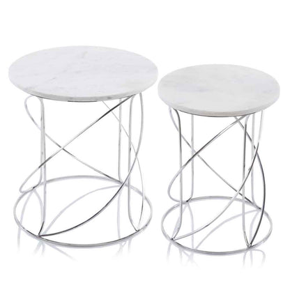 Set of Two White and Silver Marble and Metal Round Pedestal End Tables HomeRoots