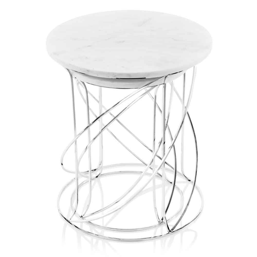 Set of Two White and Silver Marble and Metal Round Pedestal End Tables HomeRoots