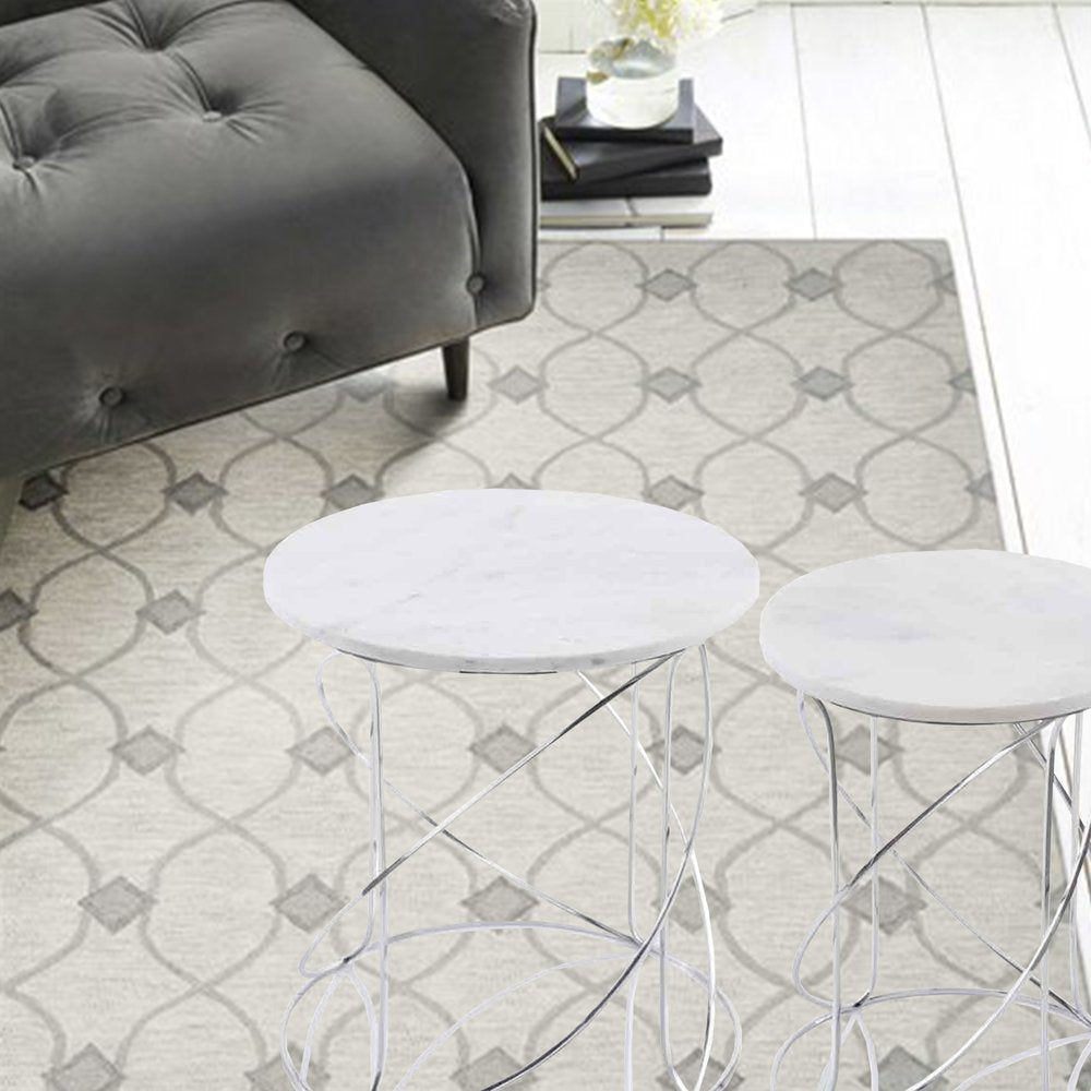 Set of Two White and Silver Marble and Metal Round Pedestal End Tables HomeRoots