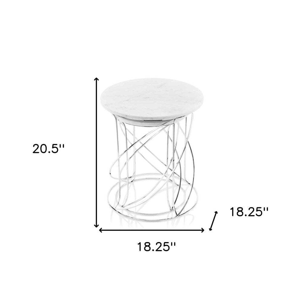 Set of Two White and Silver Marble and Metal Round Pedestal End Tables HomeRoots