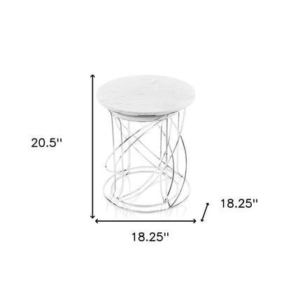 Set of Two White and Silver Marble and Metal Round Pedestal End Tables HomeRoots