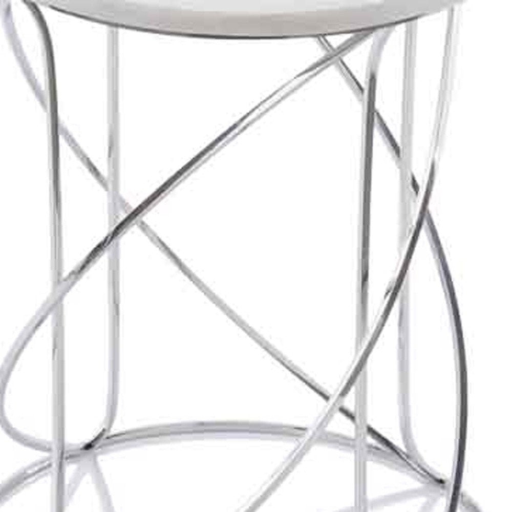 Set of Two White and Silver Marble and Metal Round Pedestal End Tables HomeRoots