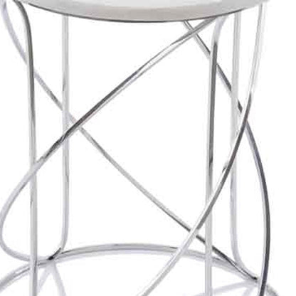 Set of Two White and Silver Marble and Metal Round Pedestal End Tables HomeRoots