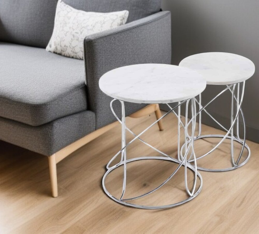 Set of Two White and Silver Marble and Metal Round Pedestal End Tables HomeRoots