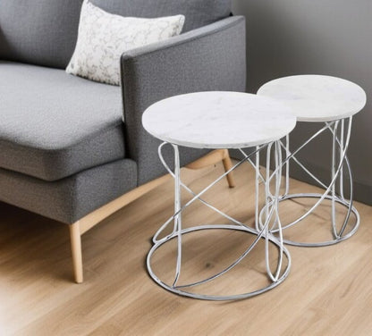 Set of Two White and Silver Marble and Metal Round Pedestal End Tables HomeRoots