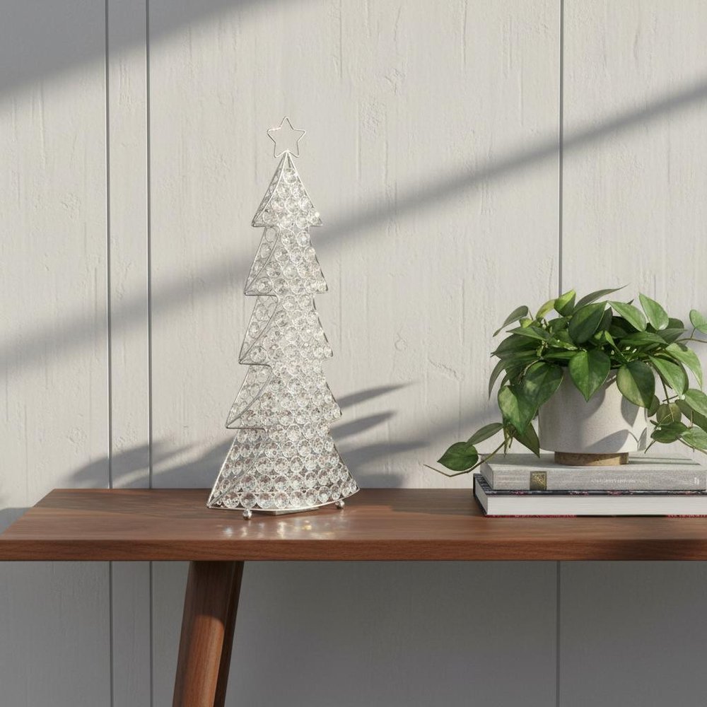 16" Glam Silver And Faux Crystals Christmas Tree Tabletop Sculpture HomeRoots